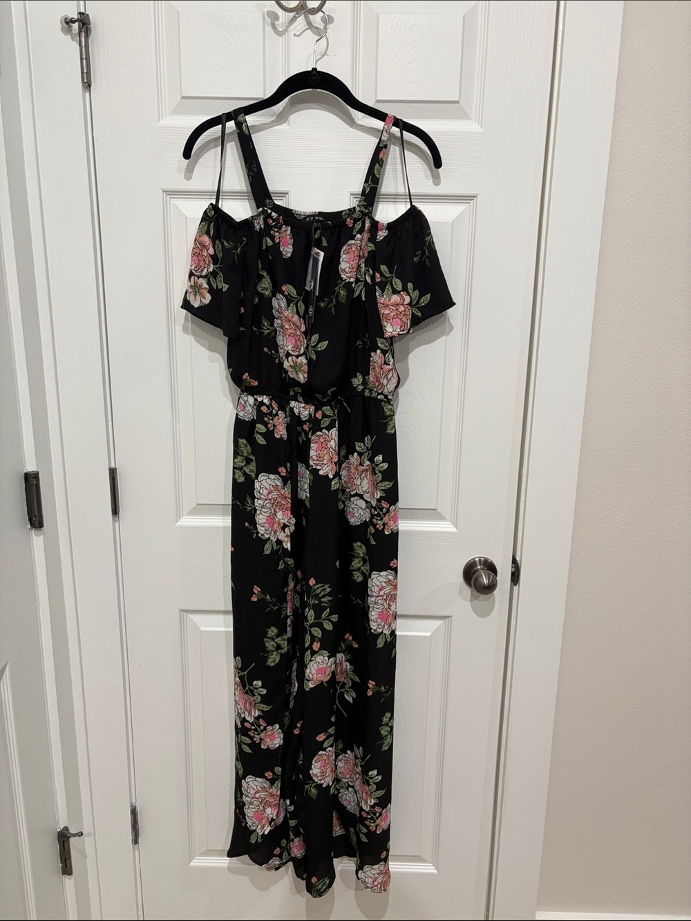Black Floral Cold-Shoulder Jumpsuit with Pink Roses
